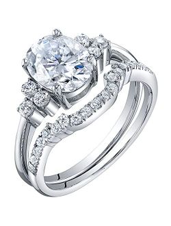 Moissanite Oval Cut Engagement Ring and Wedding Band Bridal Set in Sterling Silver, 2 Carat Center, DE Color, VVS Clarity, Sizes 4 to 10