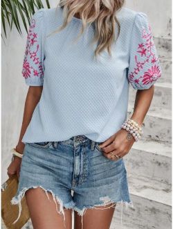 Floral Embroidery Puff Sleeve Blouse