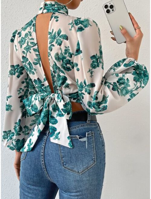 SHEIN VCAY Floral Print Tie Backless Bishop Sleeve Crop Blouse