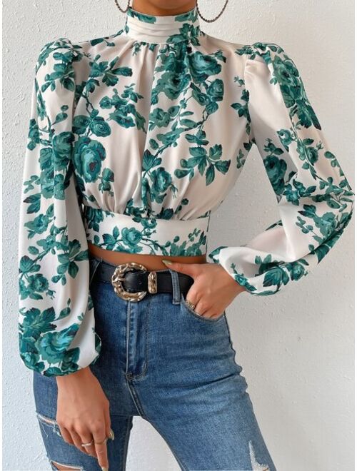 SHEIN VCAY Floral Print Tie Backless Bishop Sleeve Crop Blouse