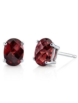 Solid 14K White Gold Garnet Earrings for Women, Genuine Gemstone Birthstone Solitaire Studs, Hypoallergenic 7x5mm Oval Shape, 2 Carats total, Friction Back