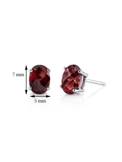 Peora Solid 14K White Gold Garnet Earrings for Women, Genuine Gemstone Birthstone Solitaire Studs, Hypoallergenic 7x5mm Oval Shape, 2 Carats total, Friction Back