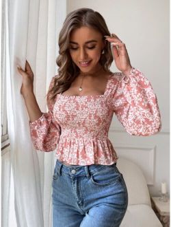 Frenchy Allover Floral Shirred Front Blouse