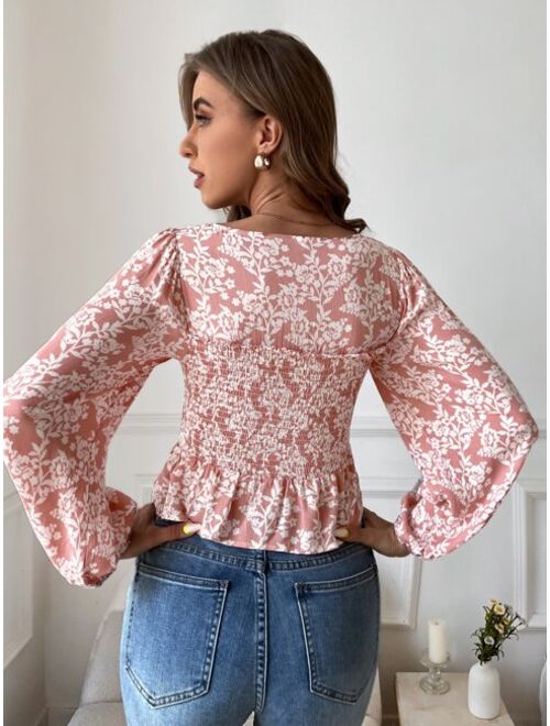 SHEIN Frenchy Allover Floral Shirred Front Blouse