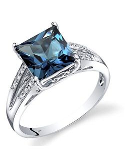 London Blue Topaz and Diamond Ring for Women 14K White Gold, Elegant Cathedral Design, Natural Gemstone Birthstone, 3 Carats Princess Cut 8mm, Size 7