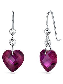 Created Ruby Heart Earrings for Women 925 Sterling Silver, 9.50 Carats total 10mm, Dangle Drop Fishhook