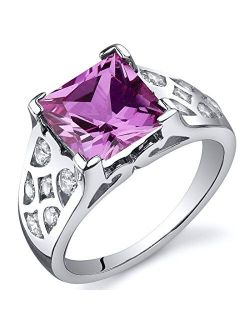 Created Pink Sapphire Ring for Women in Sterling Silver, Vintage Lattice Design, Princess Cut 3.25 Carats total, Comfort Fit, Sizes 5 to 9