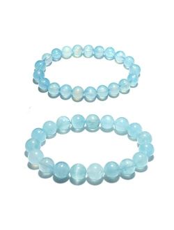 Owizjade Real Aquamarine Bracelets for Women Men 8MM & 10MM, 2 PCS Beaded Stretch Bracelets for Meditation | Balance Emotion | Love & Peace | Birthstone of March Pisces |