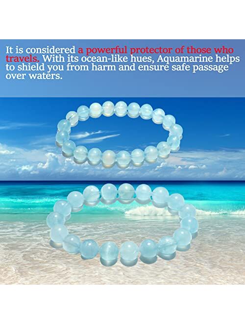 Owizjade Real Aquamarine Bracelets for Women Men 8MM & 10MM, 2 PCS Beaded Stretch Bracelets for Meditation | Balance Emotion | Love & Peace | Birthstone of March Pisces |