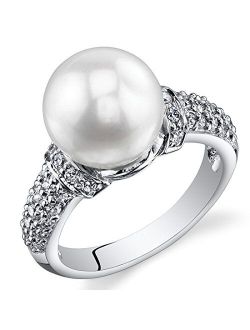 Dazzling Freshwater Cultured White Pearl Ring (8.5-9mm) Sterling Silver CZ Accent Sizes 5 to 9