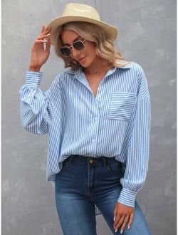 Striped Patched Pocket Drop Shoulder Shirt
