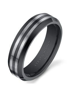 Classic Black Striped Stainless Steel and Ceramic Ring Band for Men and Women, Two-Tone Polished Beveled Edge, 6mm, Comfort Fit, Sizes 5 to 13
