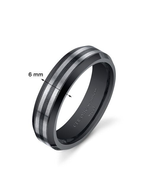 Peora Classic Black Striped Stainless Steel and Ceramic Ring Band for Men and Women, Two-Tone Polished Beveled Edge, 6mm, Comfort Fit, Sizes 5 to 13