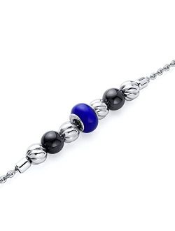 Stainless Steel Bracelet for Women, Blue, Black and Silver Polished Beads, 7.25 inches