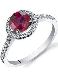 14K White Gold Created Ruby Halo Ring Round Checkerboard Cut 1.25 Carats Sizes 5 to 9