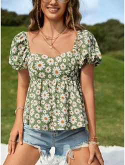 VCAY Allover Floral Print Sweetheart Neck Puff Sleeve Peplum Blouse