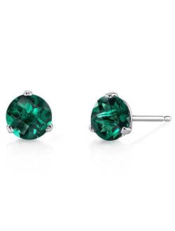 Solid 14K White Gold Created Emerald Martini Solitaire Stud Earrings for Women, Hypoallergenic 1.50 Carats total, Round Shape 6mm, AAA Grade, May Birthstone, Fricti