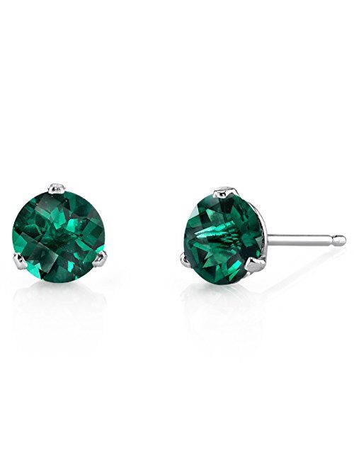 Peora Solid 14K White Gold Created Emerald Martini Solitaire Stud Earrings for Women, Hypoallergenic 1.50 Carats total, Round Shape 6mm, AAA Grade, May Birthstone, Fricti