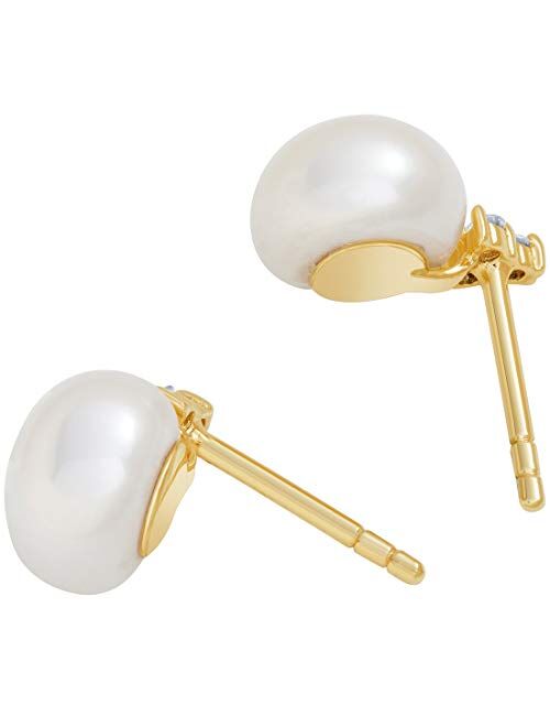 Peora Freshwater Cultured White Pearl Stud Earrings in 14K Yellow Gold, Round Button Shape, 8mm Heirloom Solitaire, Friction Backs