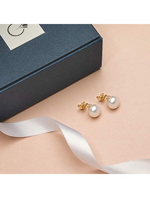 Peora Freshwater Cultured White Pearl Stud Earrings in 14K Yellow Gold, Round Button Shape, 8mm Heirloom Solitaire, Friction Backs