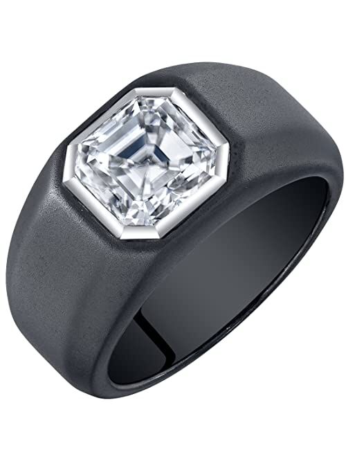 Peora 3 Carats Men's Moissanite Ring, Asscher Cut, D-E Color, VVS, Black Rhodium 925 Sterling Silver, Comfort Fit, Sizes 8 to 14
