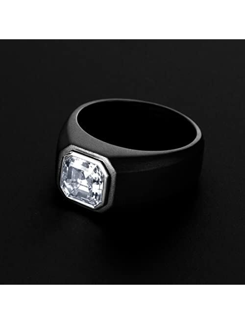 Peora 3 Carats Men's Moissanite Ring, Asscher Cut, D-E Color, VVS, Black Rhodium 925 Sterling Silver, Comfort Fit, Sizes 8 to 14