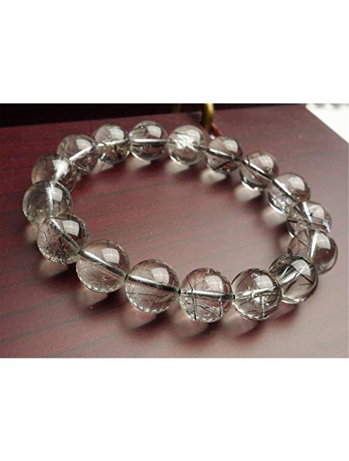 Yf-Crystalbeads 12mm Natural Black Rutilated Quartz Gemstone Clear Round Bead Crystal Bracelet AAAA