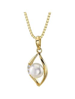Freshwater Cultured White Pearl Pendant in 14K Yellow Gold, Round Button Shape, 6mm Open Leaf Solitaire
