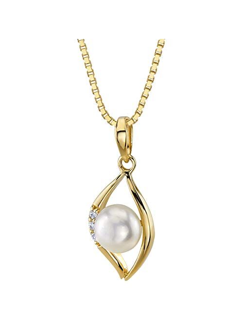 Peora Freshwater Cultured White Pearl Pendant in 14K Yellow Gold, Round Button Shape, 6mm Open Leaf Solitaire