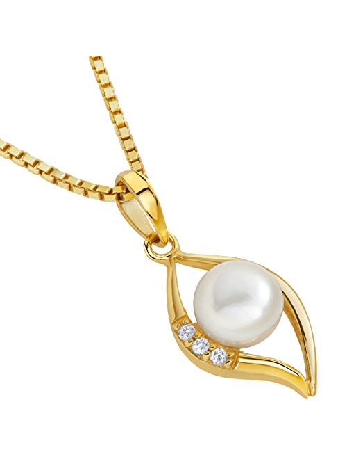 Peora Freshwater Cultured White Pearl Pendant in 14K Yellow Gold, Round Button Shape, 6mm Open Leaf Solitaire