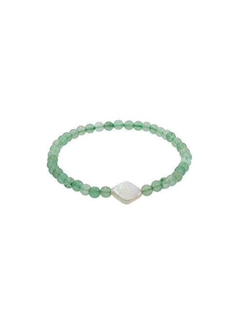 Ltc Designs 4mm Smooth Round Green Aventurine Stretch Bracelet with a Genuine White Cultured Freshwater Pearl Diamond-Shaped Centerpiece, 6.5"