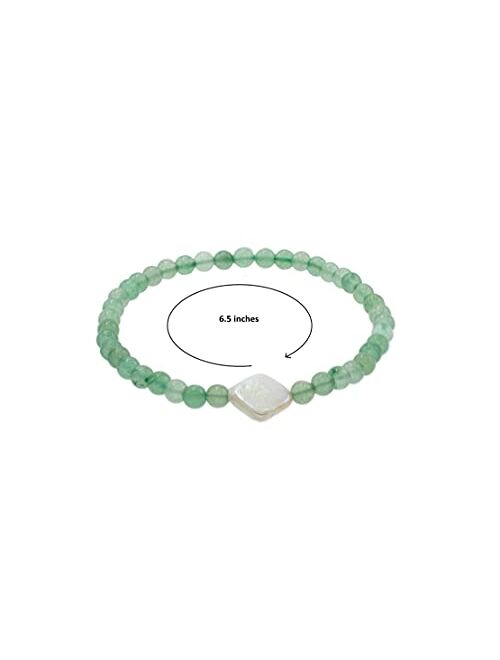 Ltc Designs 4mm Smooth Round Green Aventurine Stretch Bracelet with a Genuine White Cultured Freshwater Pearl Diamond-Shaped Centerpiece, 6.5"
