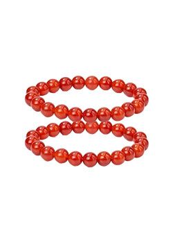 COLORFUL BLING 2Pcs Red Carnelian Crystal Stretch Bracelet Set Natural Agate Energy Chakra Beaded Gemstone for Women Girls Couple Anxiety Relief Jewelry