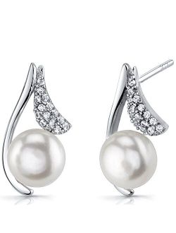 Freshwater Cultured White Pearl Moonflower Earrings in Sterling Silver, 7.50mm Round Button Shape, Friction Backs