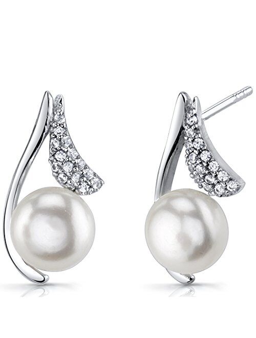 Peora Freshwater Cultured White Pearl Moonflower Earrings in Sterling Silver, 7.50mm Round Button Shape, Friction Backs