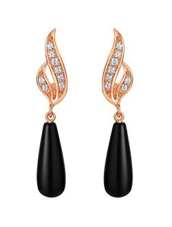 Rose Gold-tone 925 Sterling Silver Black Onyx Midnight Teardrop Dangle Earrings for Women, Hypoallergenic Fine Jewelry