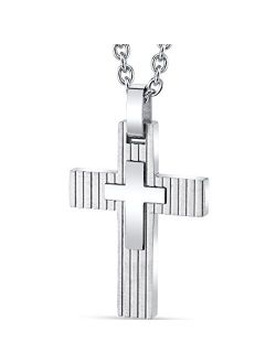 Stainless Steel Layered Latin Cross Pendant Mens Necklace Fathers Day Gift, 22 Inch Chain