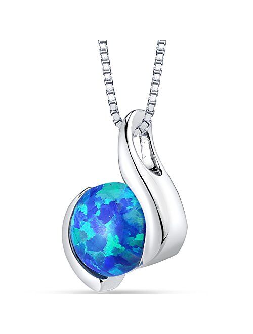 Peora Created Blue Fire Opal Iris Solitaire Pendant Necklace for Women 925 Sterling Silver, 1.50 Carats Round Shape 8mm, with 18 inch Chain