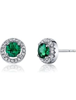 Created Emerald and Genuine White Topaz Halo Stud Earrings for Women 14K White Gold, 1 Carat total, Round Shape 5mm, Friction Backs