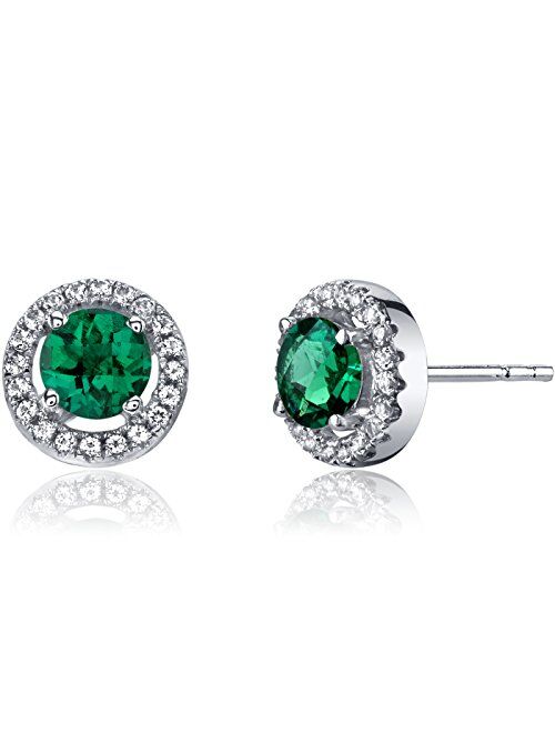 Peora Created Emerald and Genuine White Topaz Halo Stud Earrings for Women 14K White Gold, 1 Carat total, Round Shape 5mm, Friction Backs