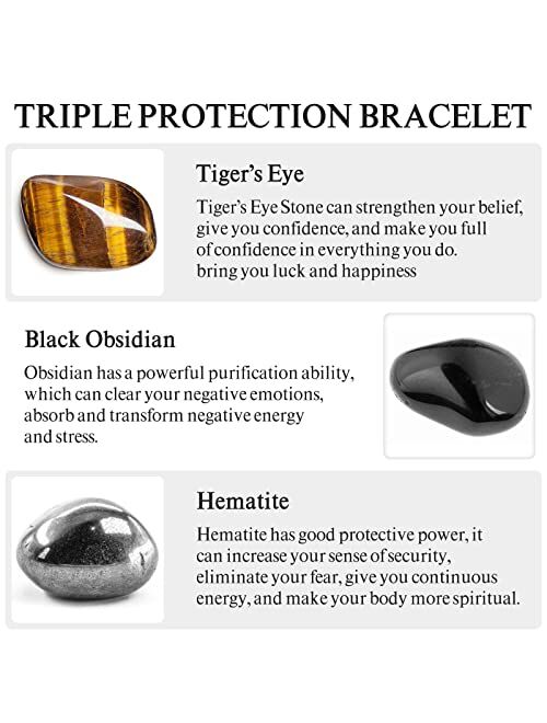 Denchy Triple Protection Bracelet, Tigers Eye - Black Obsidian and Hematite Beaded Bracelets for Men Women, Tourmaline Spiritual Natural Crystal Stone Luck Bracelet, Birt