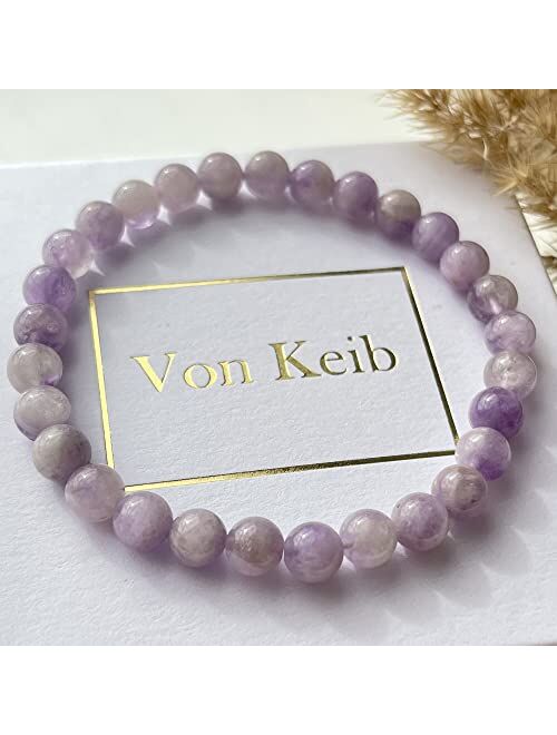 Von Keib Natural Stone Real Lavender Amethyst Stretch Beaded Bracelet Round Beads 6 mm (0.24") Bracelet Semi Precious Purple Amethyst Gemstone Bracelet for Women Men Unis
