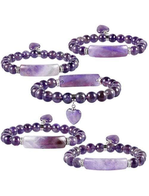 Nupuyai 8MM Stretch Bracelets for Unisex, Healing Stone Bracelet with Dangle Heart Charm 7"