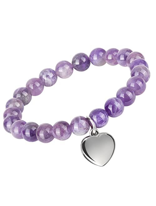 Emibele Mothers Day Amethyst Bracelet Gifts for Mom, 8mm Natural Gemstone Beaded Stretch Bracelet with Stainless Steel Heart Pendant, Handmade Healing Protection Bracelet