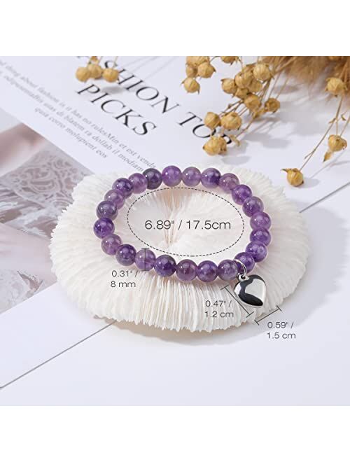 Emibele Mothers Day Amethyst Bracelet Gifts for Mom, 8mm Natural Gemstone Beaded Stretch Bracelet with Stainless Steel Heart Pendant, Handmade Healing Protection Bracelet