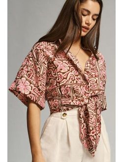 By Anthropologie Tie-Front Printed Linen Top