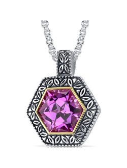 Created Pink Sapphire Pendant Necklace in Sterling Silver, Pretty Vintage Two-Tone Design, 10 Carats Hexagon Shape with 18 inch Chain
