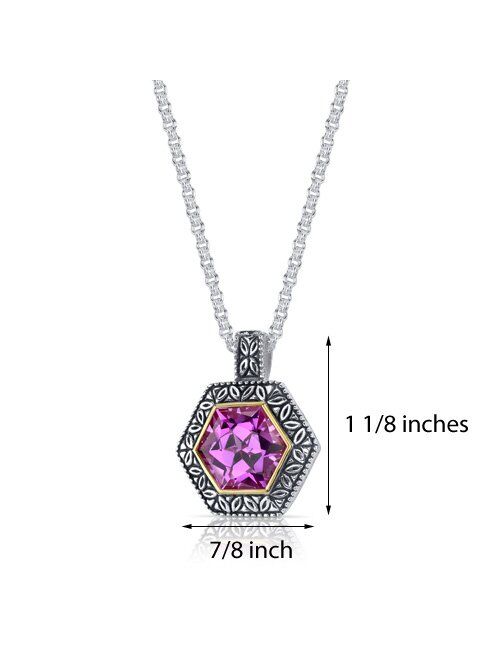 Peora Created Pink Sapphire Pendant Necklace in Sterling Silver, Pretty Vintage Two-Tone Design, 10 Carats Hexagon Shape with 18 inch Chain
