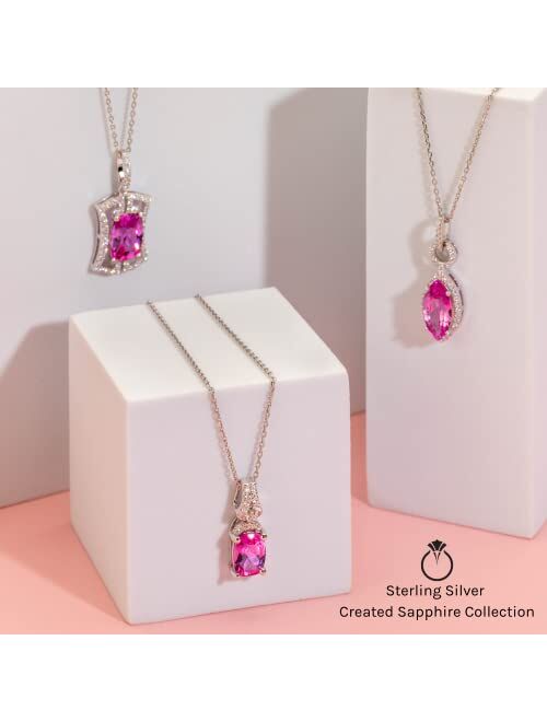 Peora Created Pink Sapphire Pendant Necklace in Sterling Silver, Pretty Vintage Two-Tone Design, 10 Carats Hexagon Shape with 18 inch Chain