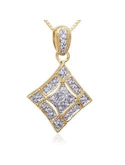 Gold-tone Sterling Silver Vintage Diamond Shaped Pendant Necklace for Women, White Cubic Zirconia, with 18 inch Chain